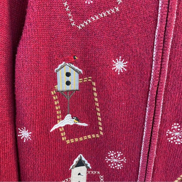 Cranberry red and white zip up cardigan sweater with birdhouses. Medium - Picture 6 of 10